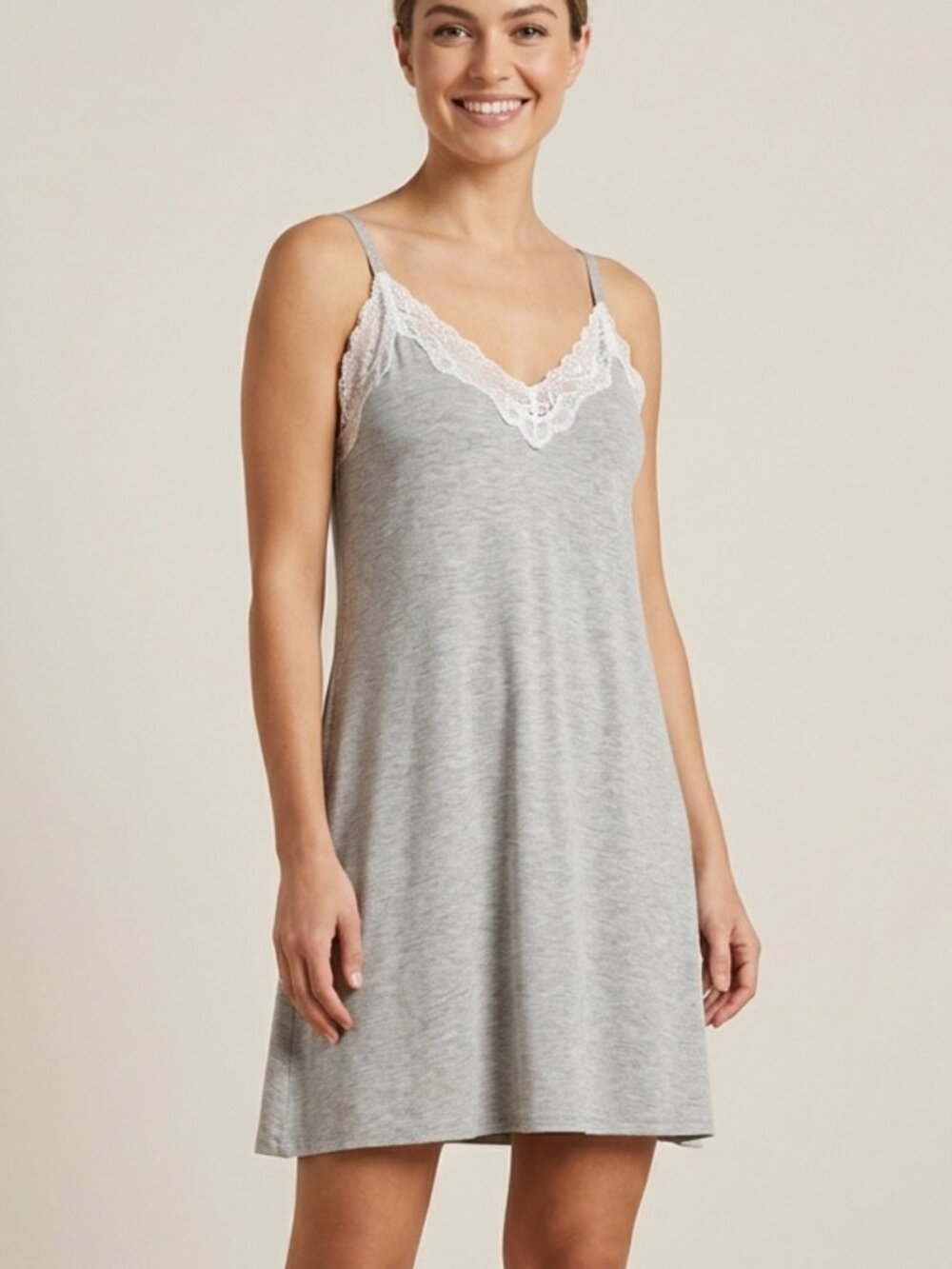 NWT Qirece Gray Babydoll Nightgown Lace Trim V-Neck Cami Sleepwear Dress XL